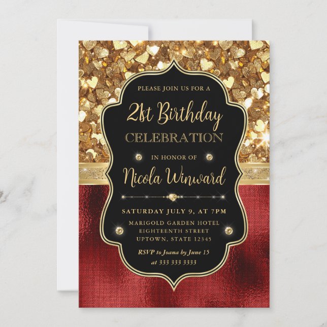 Red Glitter Hearts and Red Foil 21st Birthday Invitation (Front)