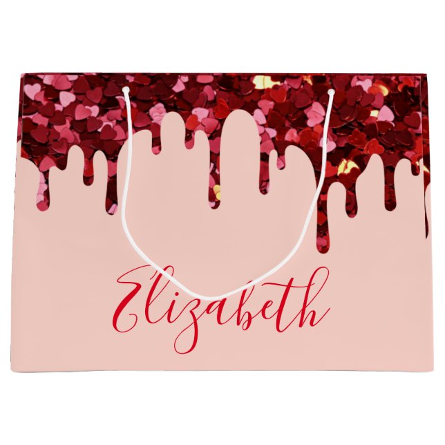 Red Glitter Hearts Drips with Name and Text  Large Gift Bag (Front)
