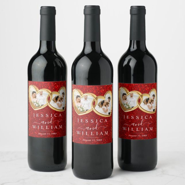 Red Glitter Hearts Photo Custom Wedding Wine Label (Bottles)