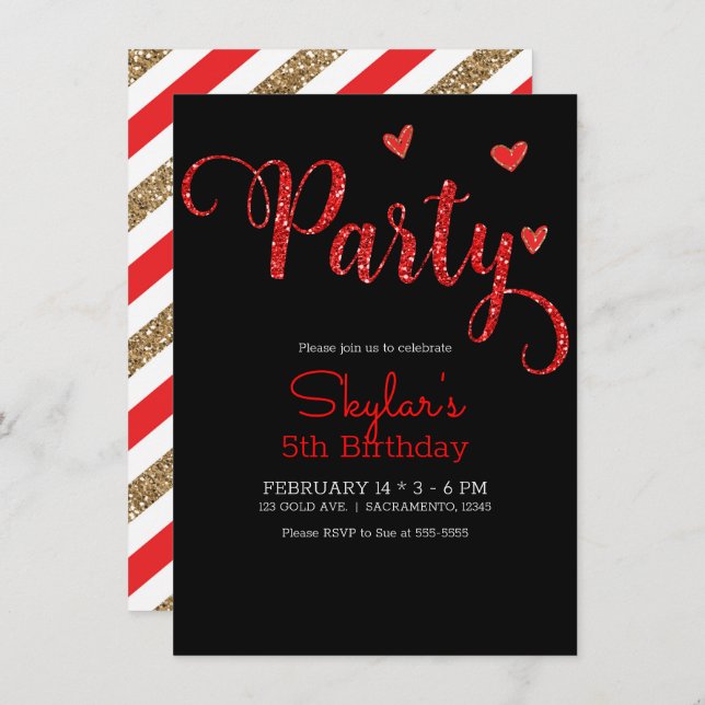 Red Glitter Hearts Valentine's Day Birthday Party  Invitation (Front/Back)