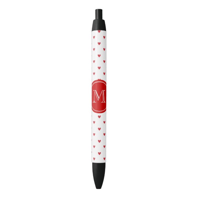 Red Glitter Hearts with Monogram Black Ink Pen (Front Vertical)