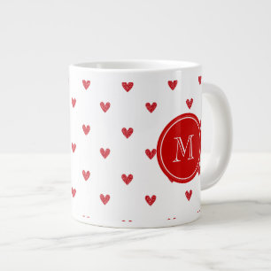 Red Glitter Hearts with Monogram Large Coffee Mug