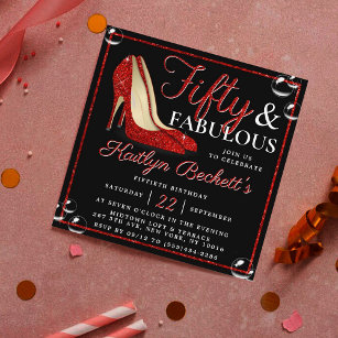 Red Glitter High Heels   Fifty & Fabulous Birthday Invitation