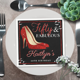 Red Glitter High Heels   Fifty & Fabulous Birthday Napkin