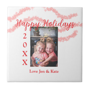 Red glitter kids family photo happy holidays name ceramic tile