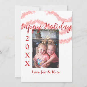 Red glitter kids family photo happy holidays name holiday card