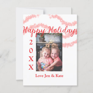 Red glitter kids family photo happy holidays name postcard