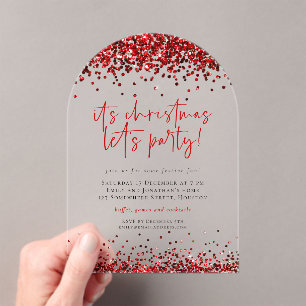 Red Glitter Lets Party Christmas Acrylic Invitations