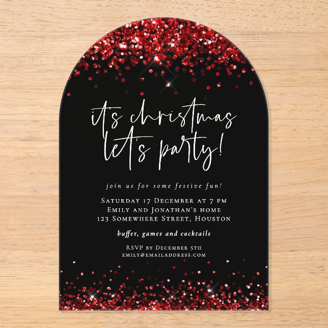 Red Glitter Lets Party Christmas Black Acrylic Invitations (Front)