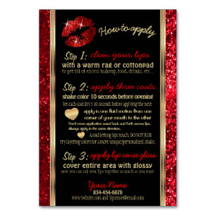 Red Glitter Lip How to Apply Instructions Table Number