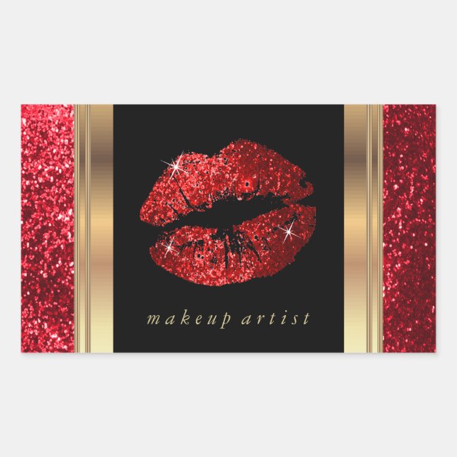 Red Glitter Lips and Elegant Gold Accents Rectangular Sticker (Front)