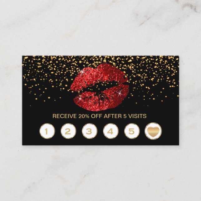 Red Glitter Lips Loyalty Cards on Black (Front)