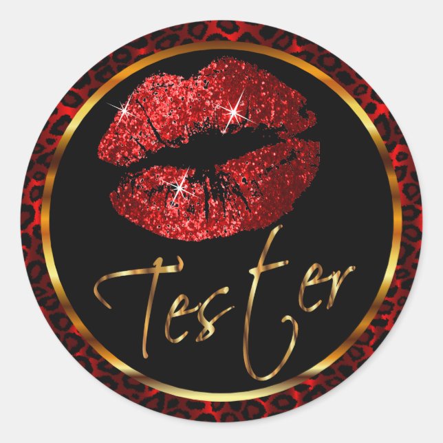 Red Glitter Lips on Leopard Print Classic Round Sticker (Front)