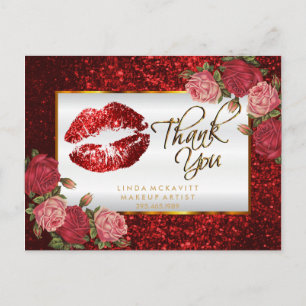 Red Glitter Lipstick and Roses - Thank You Postcard