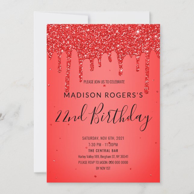 Red glitter liquid fluid sparkle invitation (Front)