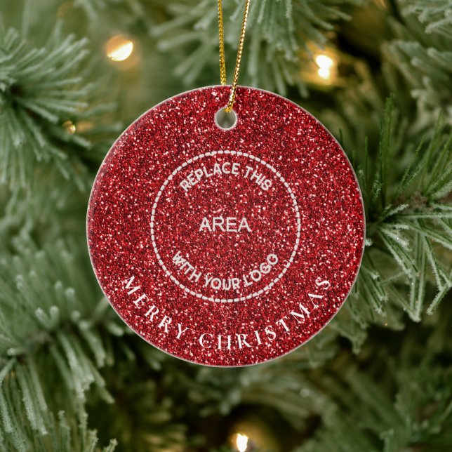 Red Glitter Logo Company Name Merry Christmas Ceramic Ornament (Tree)