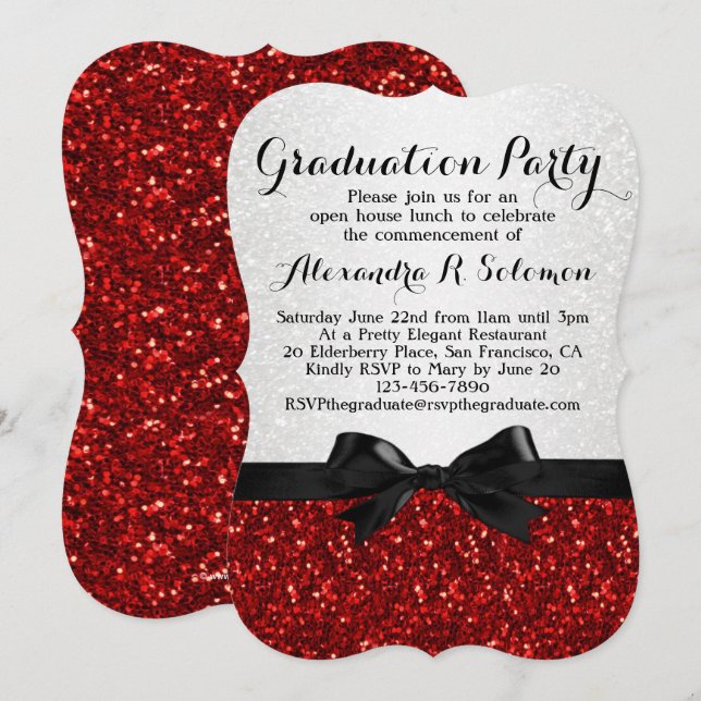 Red Glitter-look Bow Graduation Party Invitation (Front/Back)