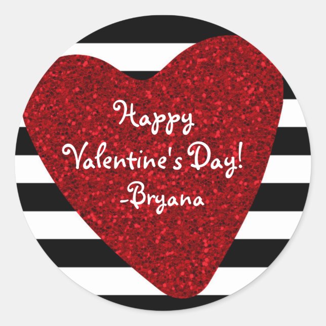 Red Glitter Look Heart Black White Valentine's Classic Round Sticker (Front)