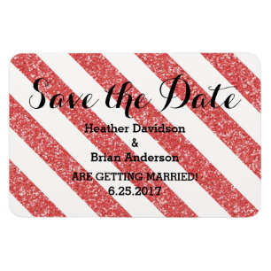 Red Glitter Look Stripes Save the Date Magnet