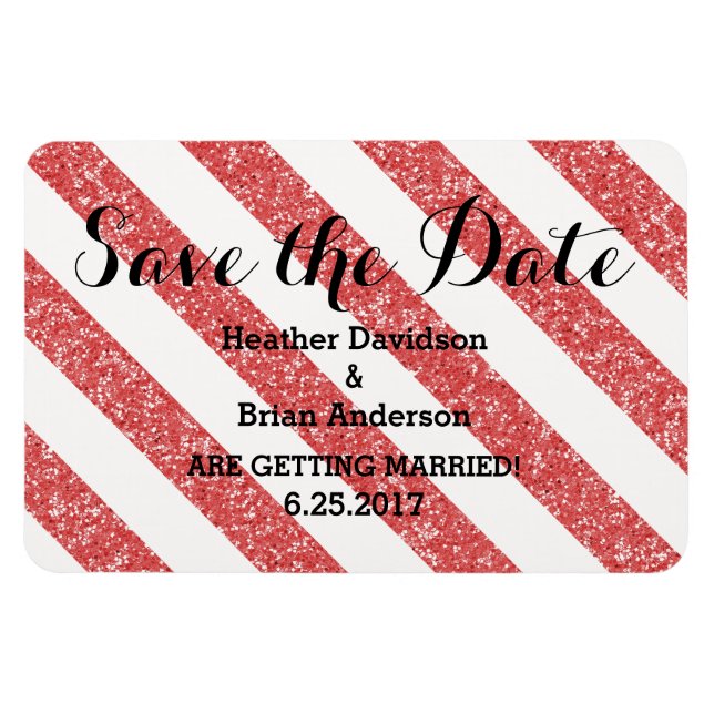 Red Glitter Look Stripes Save the Date Magnet (Horizontal)