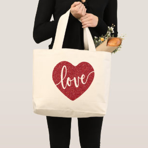 Red Glitter Love Heart    Valentine's Large Tote Bag