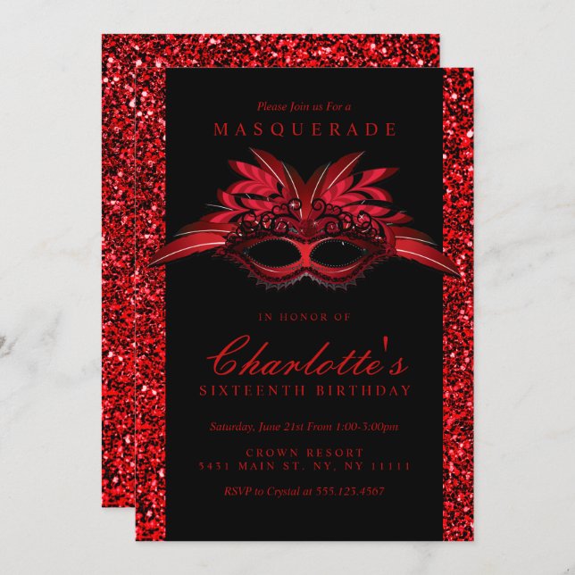 Red Glitter Masquerade Party Invitations (Front/Back)