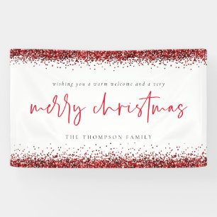 Red Glitter Merry Christmas Name White Banner