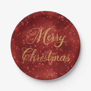 Red glitter merry christmas  paper plate
