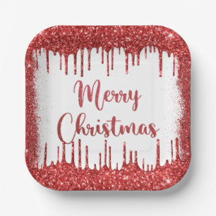 Red glitter merry christmas paper plate