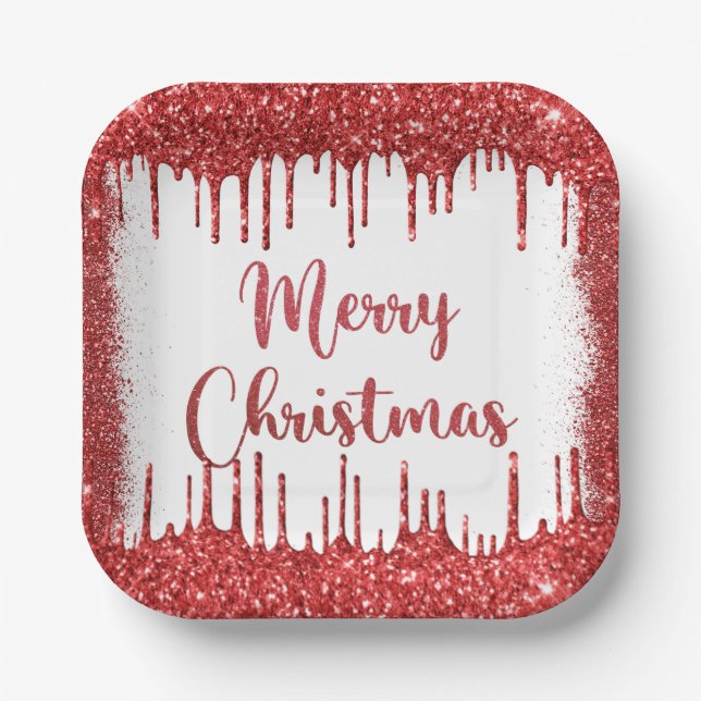 Red glitter merry christmas   paper plate (Front)