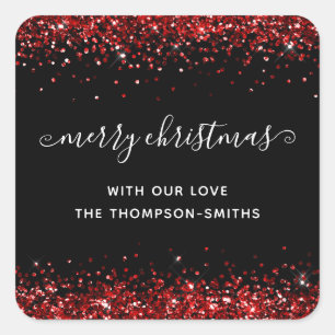 Red Glitter Merry Christmas Script Names Black Square Sticker