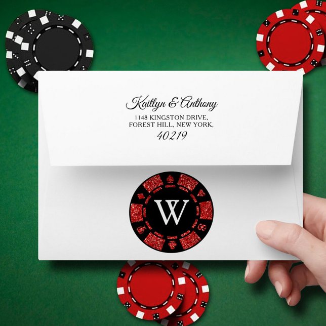 Red Glitter Monogram Poker Chip Casino Wedding Envelope (Creator Uploaded)