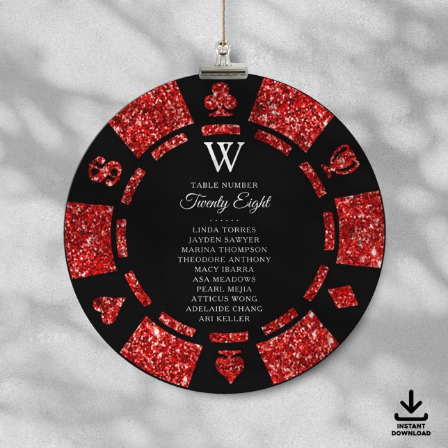 Red Glitter Monogram Poker Chip Casino Wedding Invitation (Creator Uploaded)
