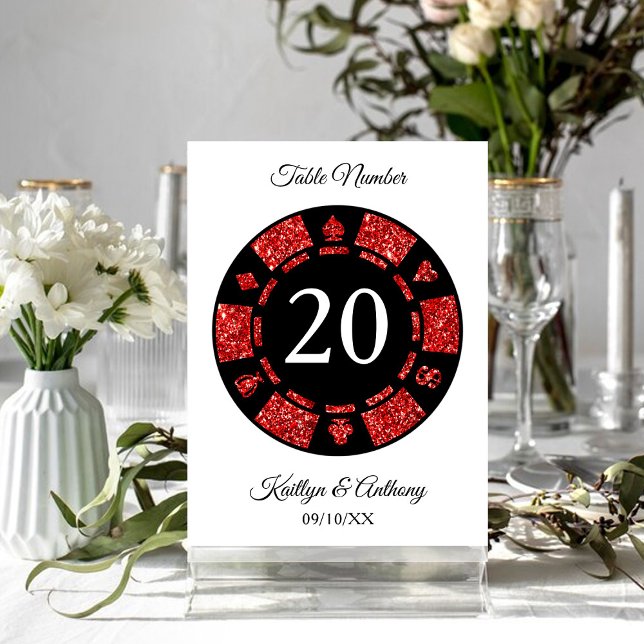 Red Glitter Monogram Poker Chip Casino Wedding Invitation (Creator Uploaded)