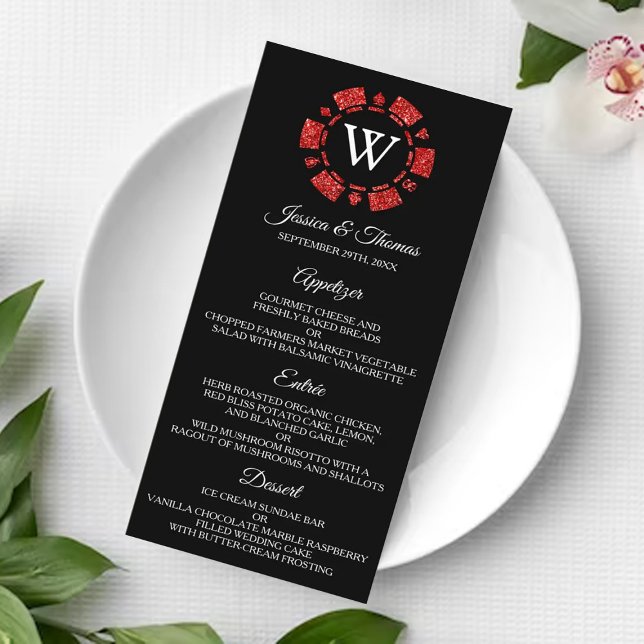 Red Glitter Monogram Poker Chip Casino Wedding Menu (Creator Uploaded)