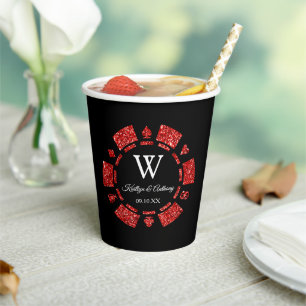 Red Glitter Monogram Poker Chip Casino Wedding Paper Cups