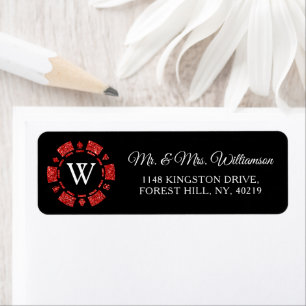 Red Glitter Monogram Poker Chip Casino Wedding Return Address Label