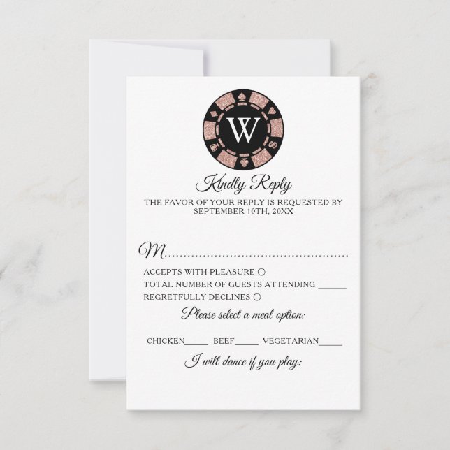 Red Glitter Monogram Poker Chip Casino Wedding RSVP Card (Front)