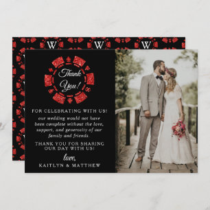 Red Glitter Monogram Poker Chip Casino Wedding Thank You Card