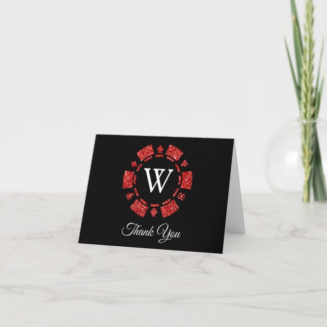 Red Glitter Monogram Poker Chip Casino Wedding Thank You Card (Front)