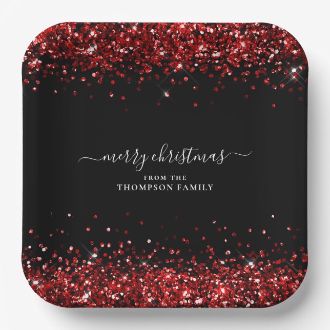 Red Glitter Name Merry Christmas Black Paper Plate (Front)