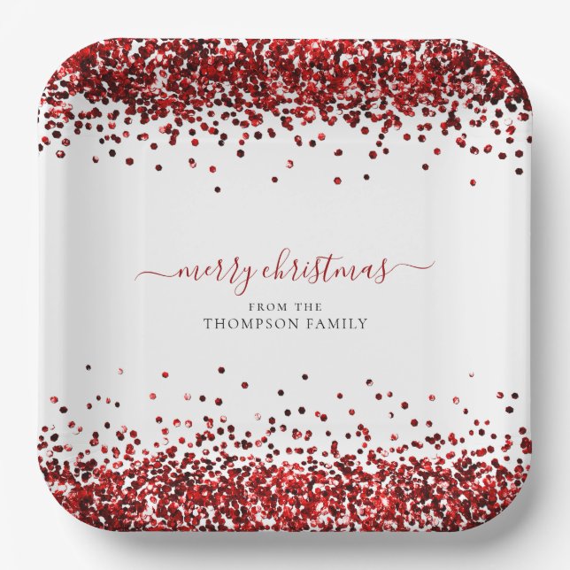 Red Glitter Name Merry Christmas White Paper Plate (Front)