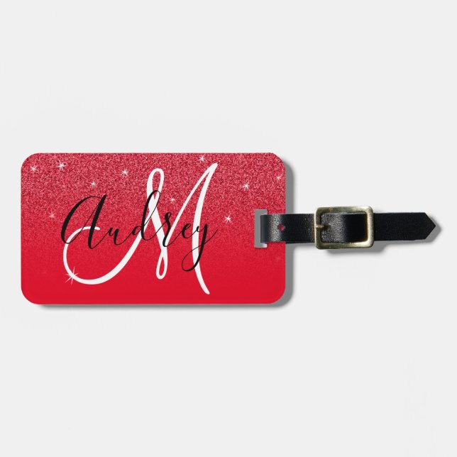 Red Glitter Ombre Personalised Monogram Luggage Tag (Front Horizontal)
