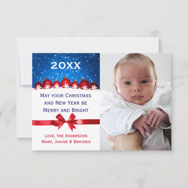 Red Glitter Ornaments & Bow - 3x5 Christmas Card (Front)