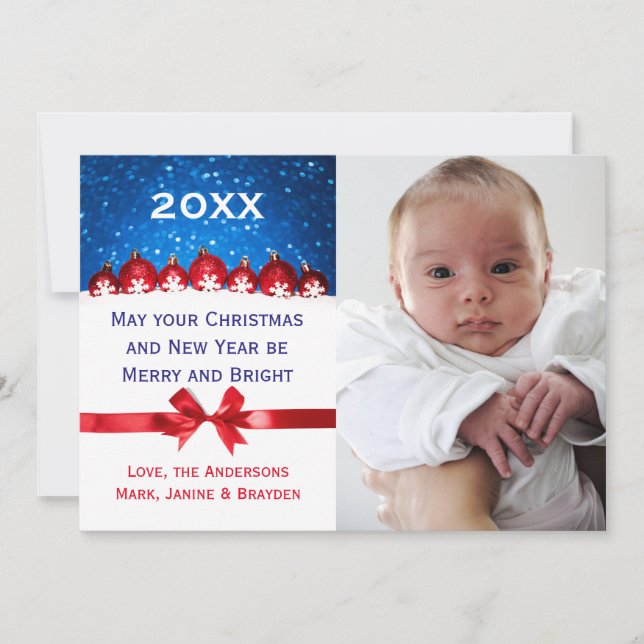 Red Glitter Ornaments & Bow - Christmas Card (Front)