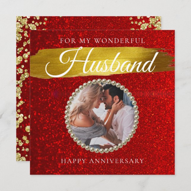 Red Glitter Photo Husband Wedding Anniversary Card (Front/Back)