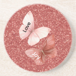 Red Glitter Pink Love Joy Butterflies Coaster