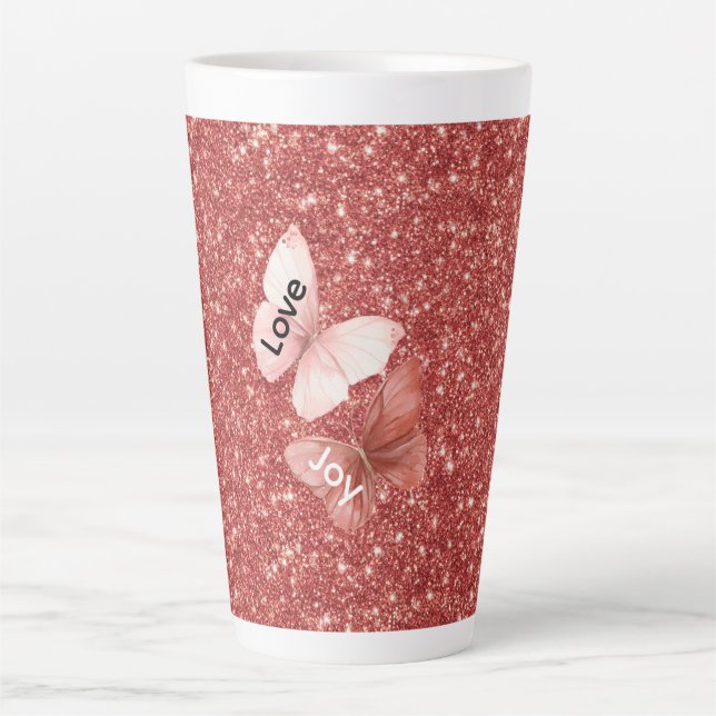 Red Glitter Pink Love Joy Butterflies Latte Mug (Front)