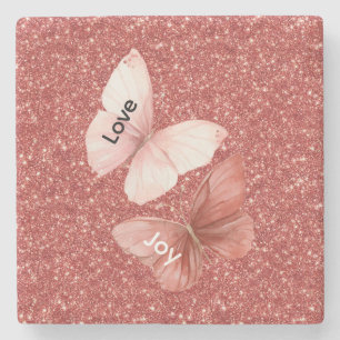 Red Glitter Pink Love Joy Butterflies Stone Coaster
