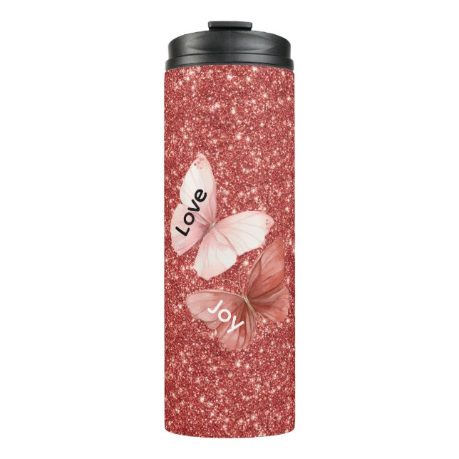 Red Glitter Pink Love Joy Butterflies Thermal Tumbler (Front)